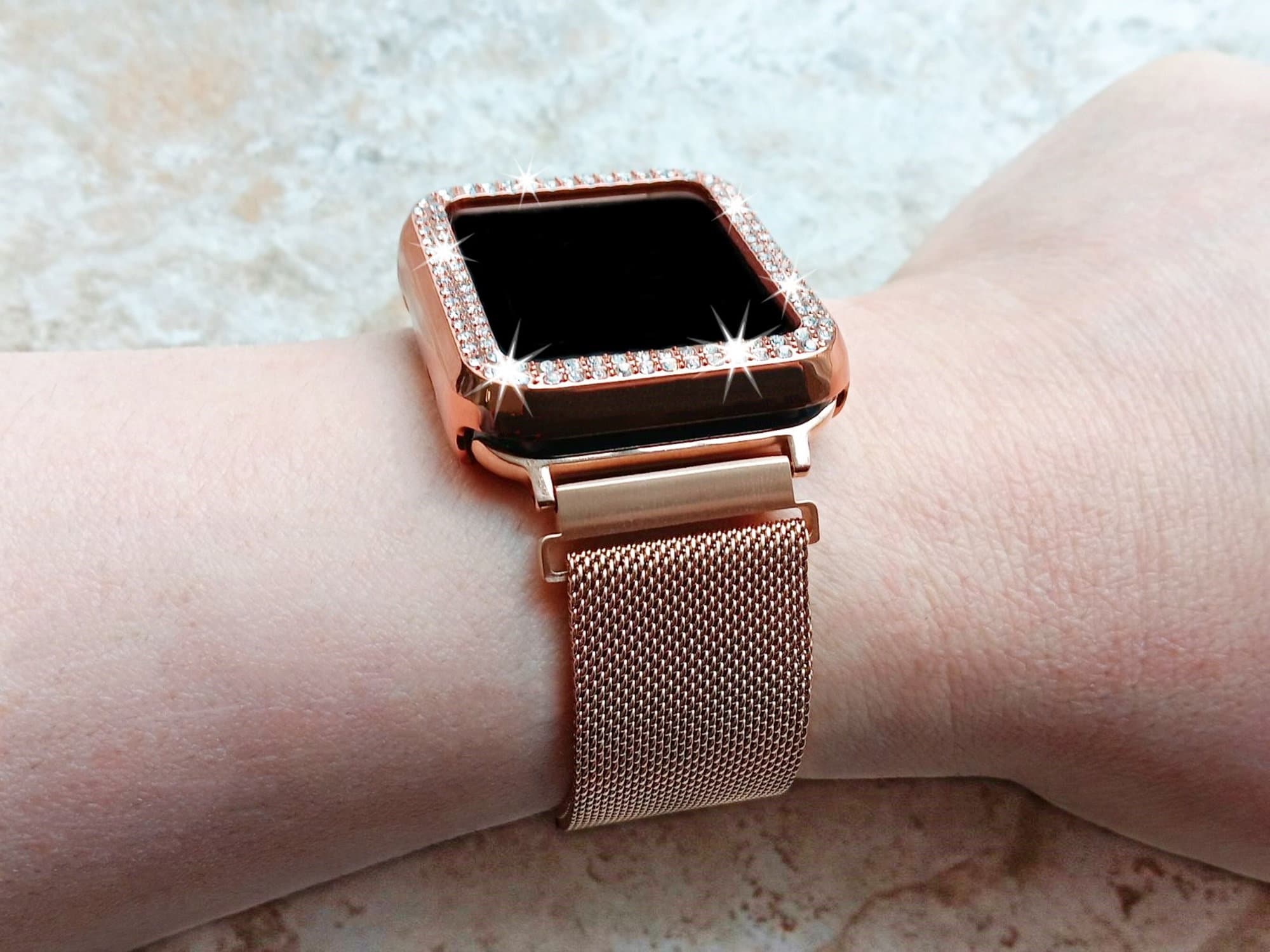 Apple Watch Rose Gold Color Band Kit Crystal Case Bezel Cover for Ultra 2 9 8 7 SE 6 5 4 3 2 1 49mm 45mm 44 42 41mm 40mm 38mm Milanese Strap